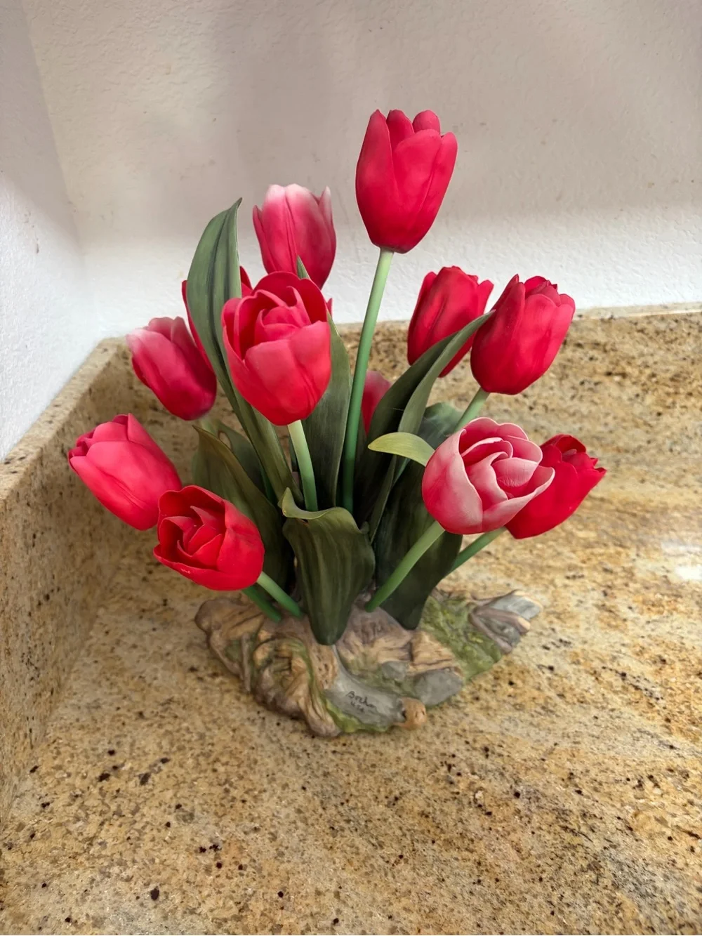 Vivid Red Faux Tulip Floral Accent with Green Leaves